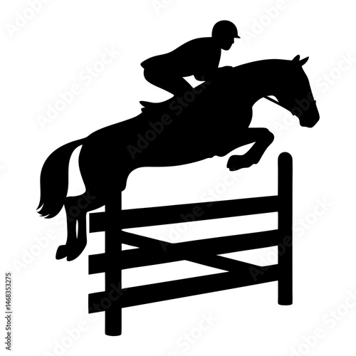 Silhouette of a horse and rider jumping over a fence obstacle