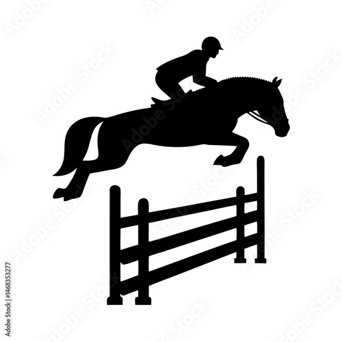 Horse and Rider Jumping Over a Fence Silhouette in Artistic Black and White