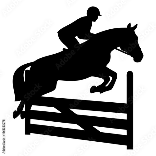 Silhouette of horse and rider jumping over fence in equestrian event