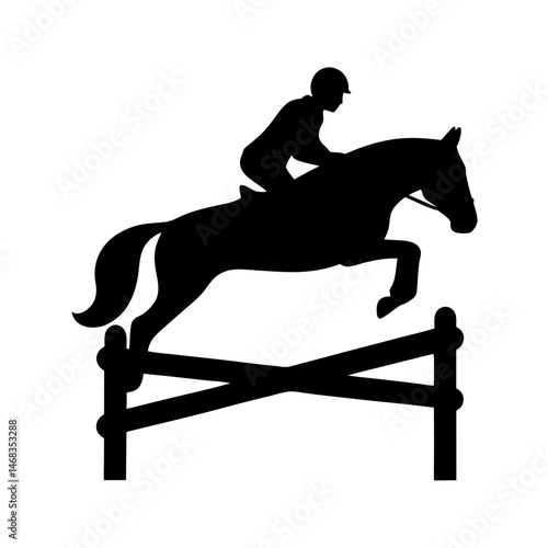 Silhouette of a Horse and Rider Jumping Over an Obstacle in Black