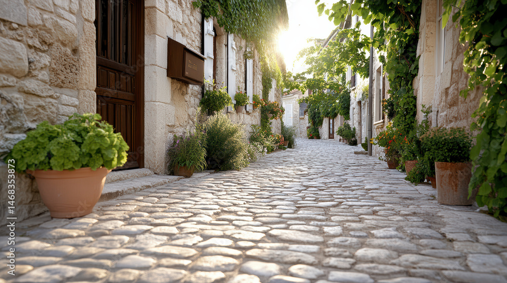 Fototapeta premium Charming cobblestone street lined with potted plants in quaint village