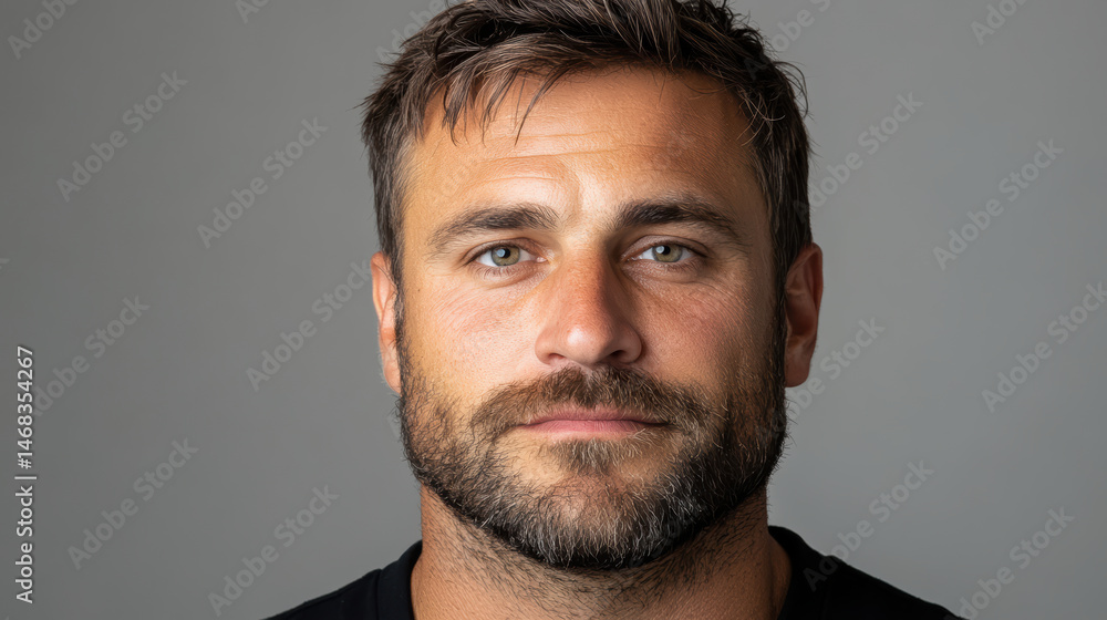 Naklejka premium Close up portrait of man with strong jawline and beard, showcasing intense blue eyes and serious