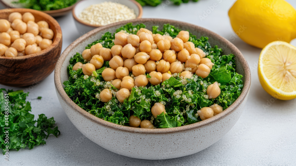 Fresh salad with chickpeas, kale, and quinoa, garnished with lemon slices Fresh salad with chickpeas, kale, and quinoa, garnished with lemon slices