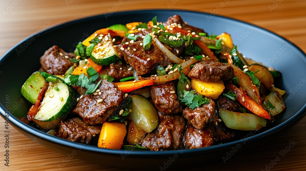 Vibrant beef stir fry dish with colorful vegetables, garnished with sesame seeds and herbs Vibrant beef stir fry dish with colorful vegetables, garnished with sesame seeds and herbs