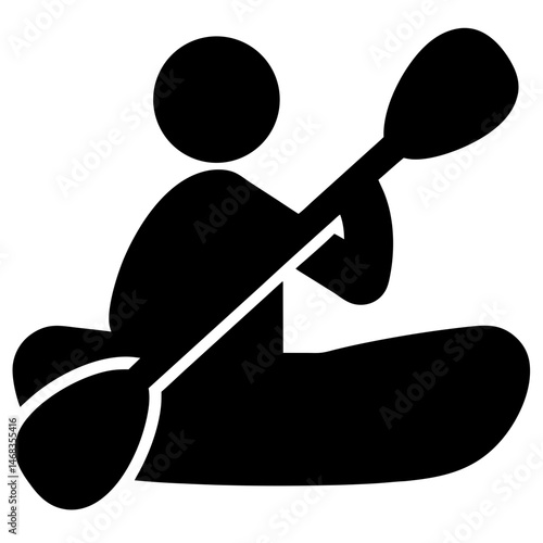 Simple black pictogram of a person kayaking, isolated on a white background