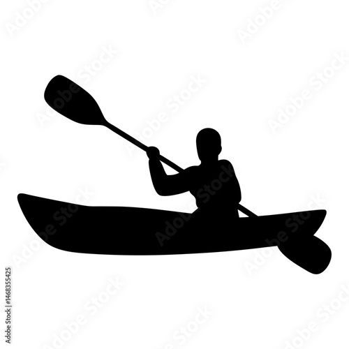 Silhouette of a person kayaking on a body of water using a paddle