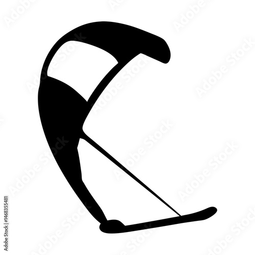 A black silhouette drawing of a kiteboarding kite and a board