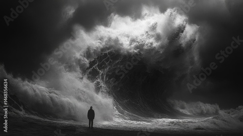 Silhouette of a Person Facing Immense Ocean Waves