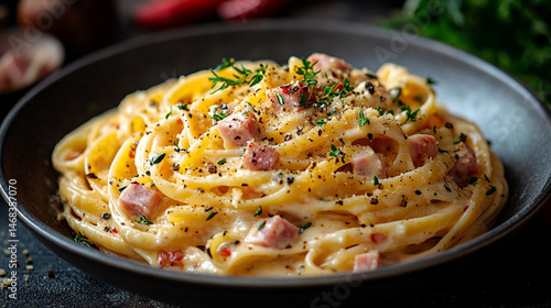 Creamy Ham Pasta Dish on Dark Table with Garnish