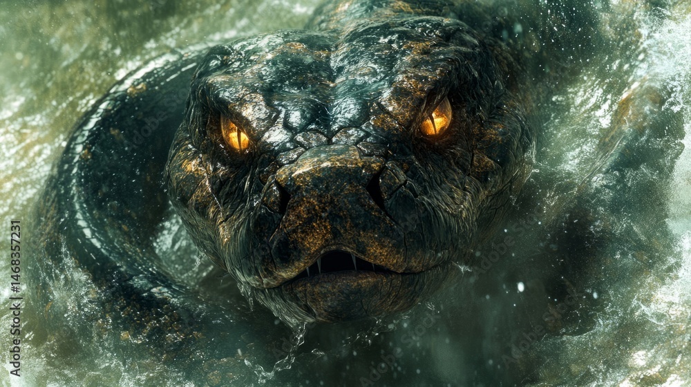 Fototapeta premium Closeup of a Dark Brown Snake in Murky Water