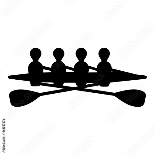 Silhouette of four rowers in a scull with oars, sport and teamwork