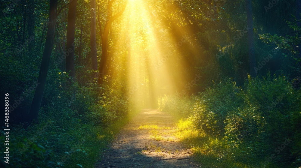 Fototapeta premium Sunlight streams through a mystical forest path.