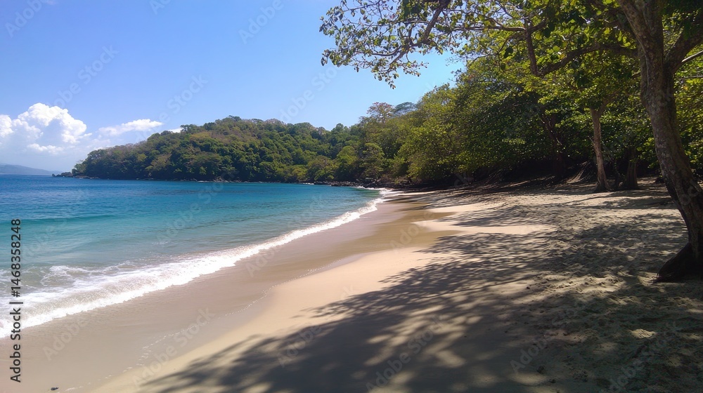 Secluded beach corner with calm, shallow water and soft coral-toned sands under bright sun Secluded beach corner with calm, shallow water and soft coral-toned sands under bright sun