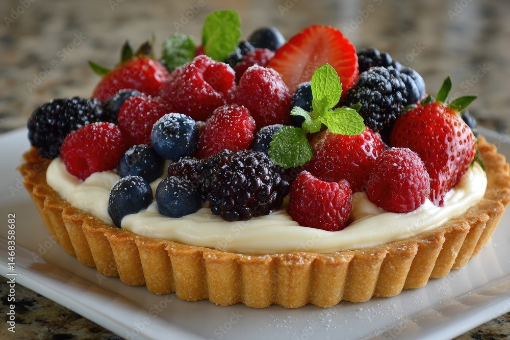Delicious fruit tart topped with creamy filling. Delicious fruit tart topped with creamy filling.