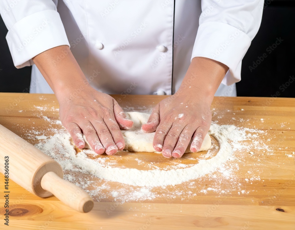 Baker's hands kneading dough on a wooden table with a rolling pin. Image depicts the preparation of bread or pastry. Baker's hands kneading dough on a wooden table with a rolling pin. Image depicts the preparation of bread or pastry.