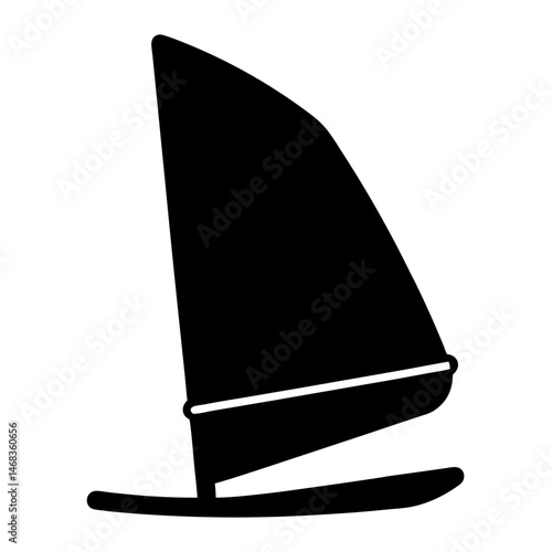 A stark silhouette of a windsurf board and sail against white background