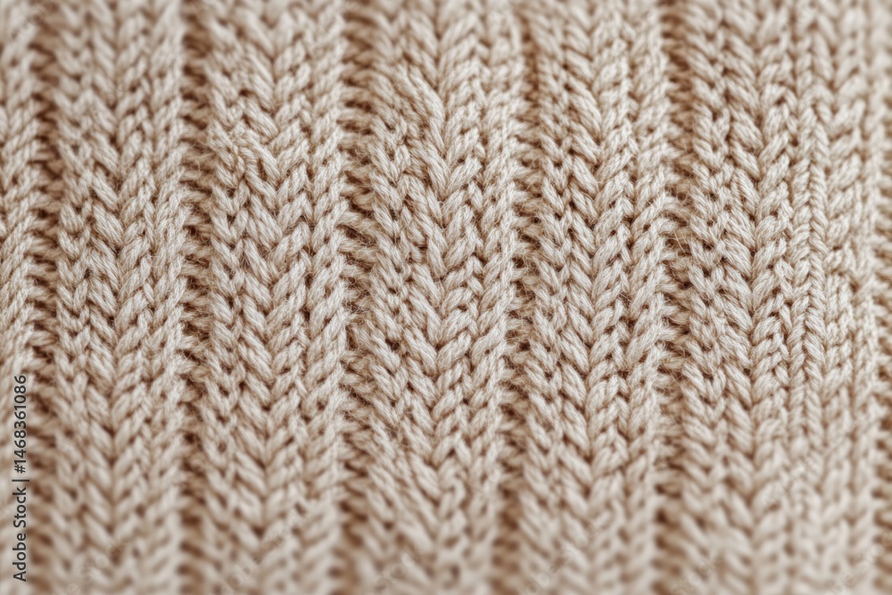 Close-up view of beige knitted fabric with a textured, vertical ribbed pattern creating a cozy and warm appearance Close-up view of beige knitted fabric with a textured, vertical ribbed pattern creating a cozy and warm appearance