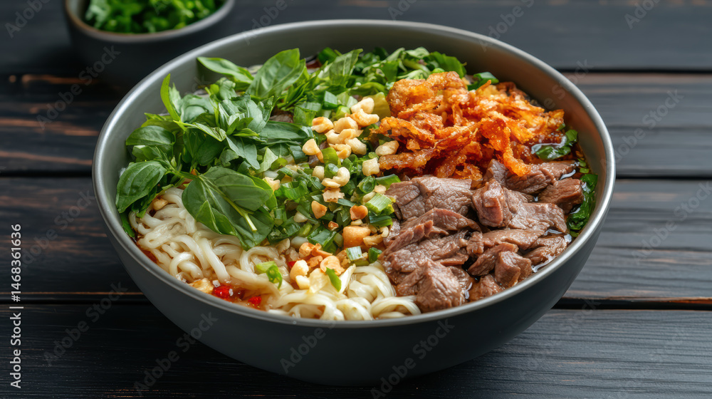 Delicious bowl of Thai boat noodles featuring tender beef, fresh herbs, and crunchy toppings Delicious bowl of Thai boat noodles featuring tender beef, fresh herbs, and crunchy toppings
