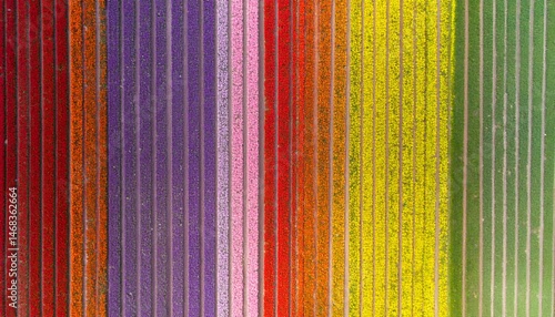 Aerial view of colorful striped tulip fields. A vibrant rainbow of flowers in rows.