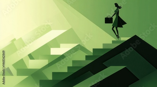 Businesswoman navigating abstract green career staircase success climbing steps towards brighter future challenge opportunity and ambition