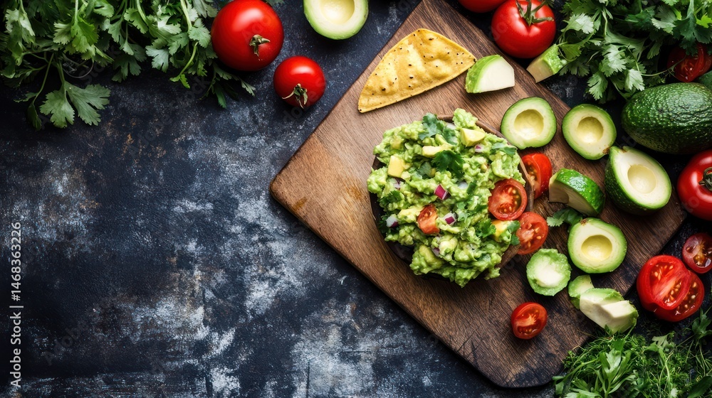 Fresh guacamole arrangement with ripe avocados and tomatoes on rustic surface Fresh guacamole arrangement with ripe avocados and tomatoes on rustic surface