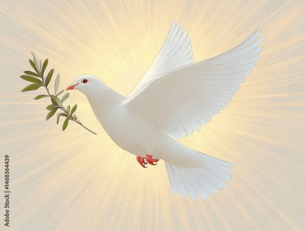 Obraz premium white dove in flight carrying an olive branch with radiant light background symbolizing peace and hope