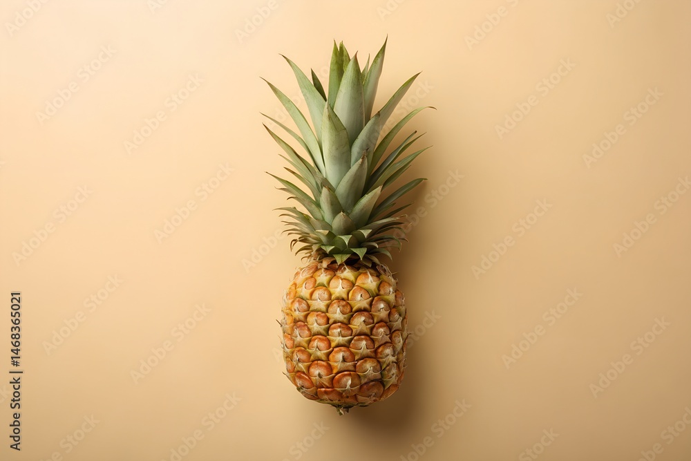Fototapeta premium Top view of single fresh pineapple tropical fruit on clean beige background