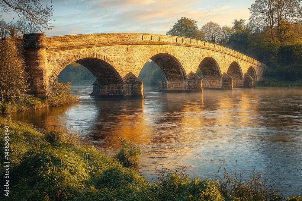Fototapeta premium Old stone bridge with multiple arches over calm river at sunset surrounded by lush green trees and vegetation