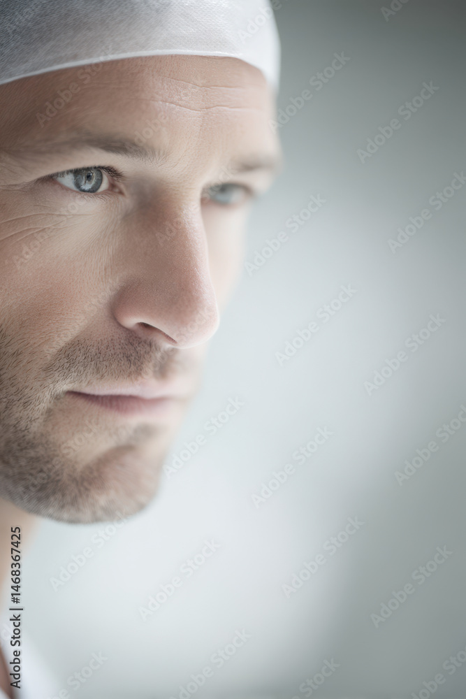 Fototapeta premium portrait of surgeon serious expression positioned on left side of frame