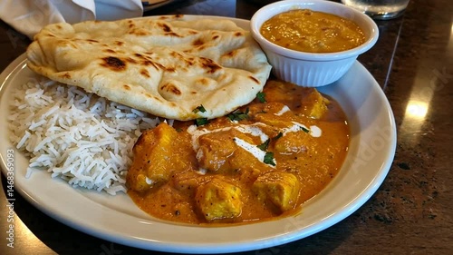 Indian Paneer Butter Masala Delight with Naan Bread and Rice Close-Up Shot