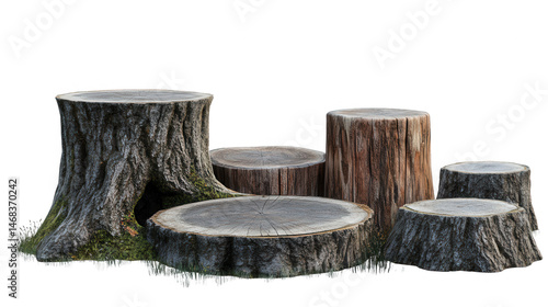 A Collection of Wooden Tree Stumps Against a Black Backdrop for Product Display