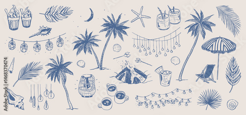 Summer beach, coastal night party doodles. Boho lights, garland and bonfire. Holiday drawings. Hand drawn illustration of drinks, cocktails, palm trees and leaves isolated. Graphic sketches background