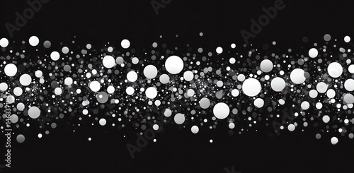 Abstract horizontal waves of varying sized white and gray glowing circles creating a dynamic sparkling effect on a black background