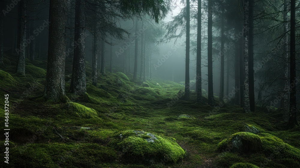 Fototapeta premium Mystical Forest Path: A journey into an Enchanted Woodland landscape in Foggy Scenery