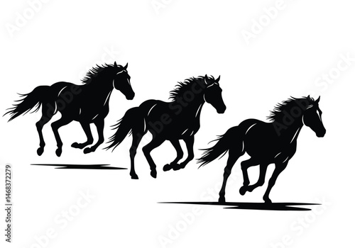 3 running horses silhouette. This image depicts three galloping horses in dark outline, symbolizing equine motion, power, and elegance. Vector clipart illustration design.