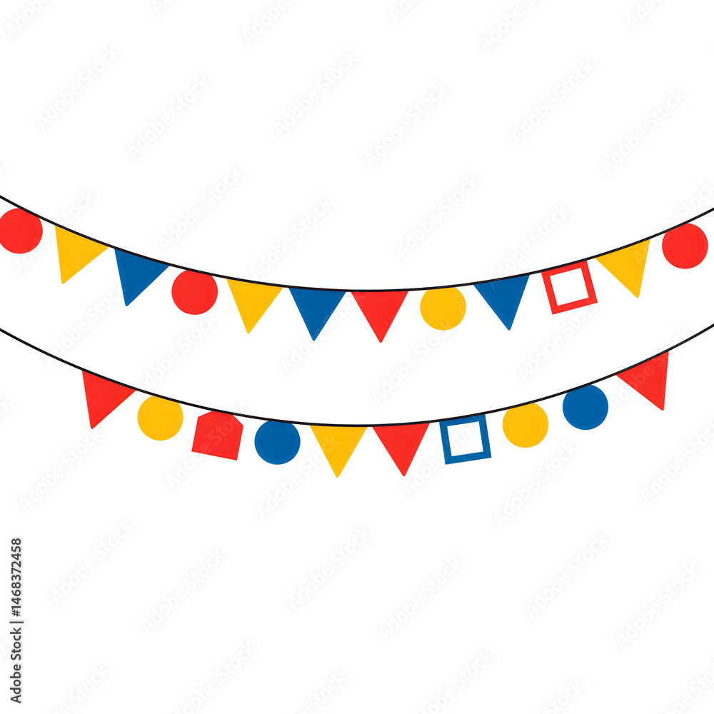 Obraz premium Double String of Colorful Party Flags and Circles on White Background