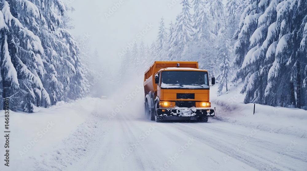 Obraz premium Winter Landscape: Orange Snow Truck on Snowy Road