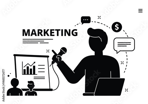 Marketing silhouette. This image represents the concept of business promotion and brand development, showcasing commercial outreach and advertising strategies. Vector clipart illustration design.