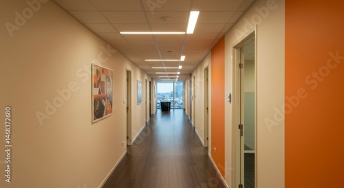 Modern office hallway with accent walls