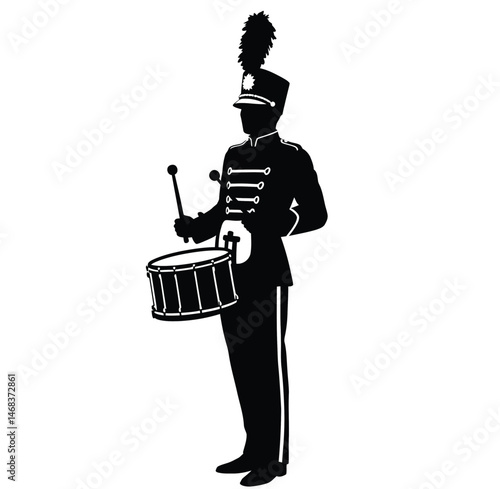Drum major silhouette. This image showcases a dynamic figure leading a marching band, holding a baton with a confident stance, symbolizing authority and performance.  clipart illustration design.