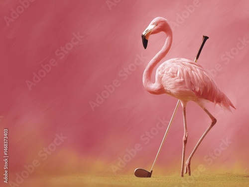 Pink flamingo with golf club on a golf course.
