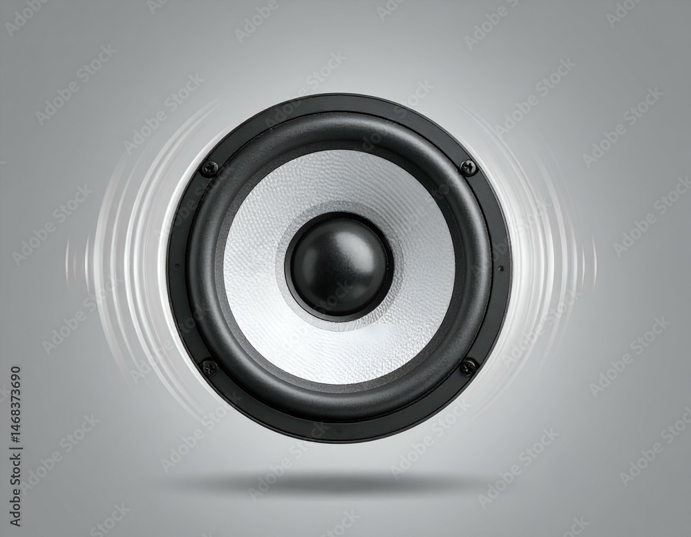 Floating speaker emitting sound waves. Ideal for audio, music, technology, and sound system concepts. Floating speaker emitting sound waves. Ideal for audio, music, technology, and sound system concepts.