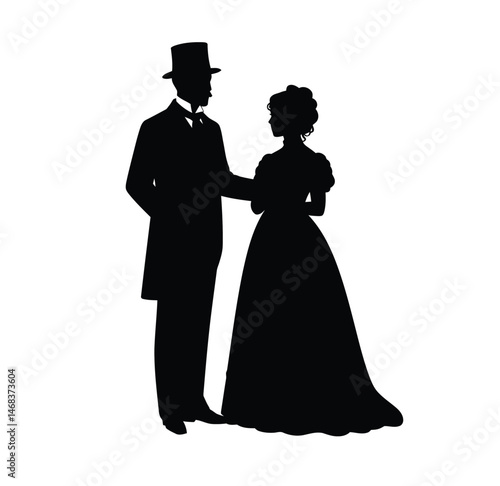 Victorian couple silhouette. This image features a symbolic depiction of a Victorian-era couple in elegant profile, romance, tradition, and historical sophistication.  clipart illustration design.