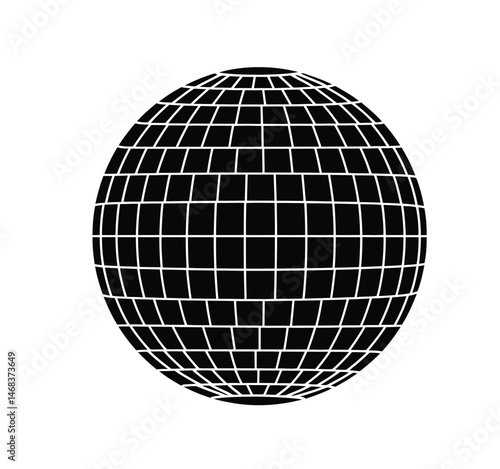 Disco ball silhouette. This image showcases a bold outline of a classic disco ball, symbolizing dance, celebration, and retro party vibes with shimmering reflections.  clipart illustration design.