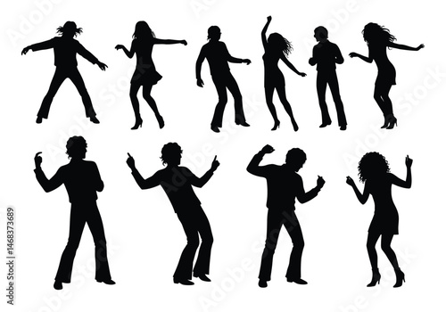 Disco party silhouettes. This image captures a lively scene of dancing figures, symbolizing excitement, music, and vibrant celebration in a nightlife setting. Vector clipart illustration design.