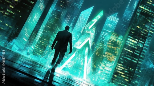 Neon metropolis silhouette a lone figure walking toward futuristic glowing buildings evokes mystery and urban solitude