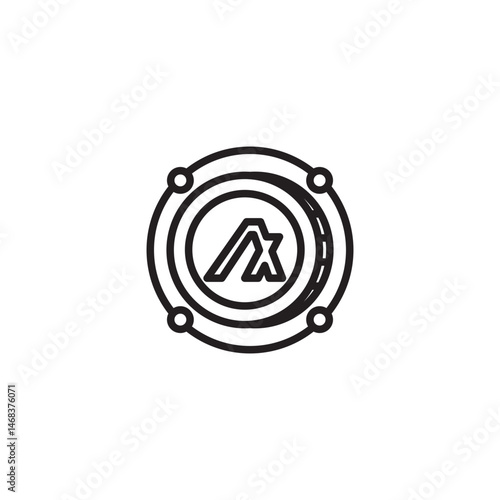 A line art icon featuring the AION logo (a stylized 'A' or triangle with a horizontal bar) enclosed within concentric circles and four smaller circles positioned around the outer ring.