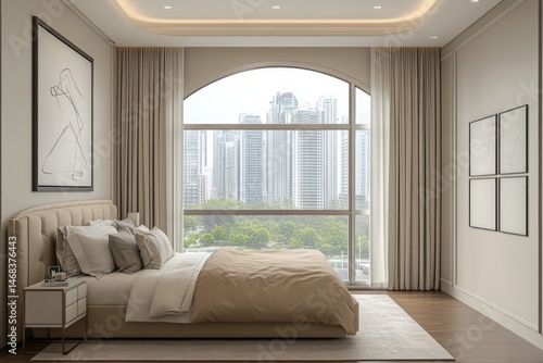 Beige bedroom interior with city view.