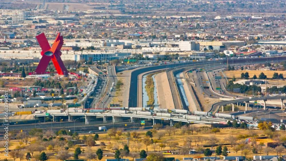 Aerial View of Urban Landscape with Border Barrier and Monument