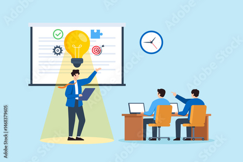 Flat illustration of businessman presenting solution with lightbulb and project icons on screen during team meeting and strategy presentation
